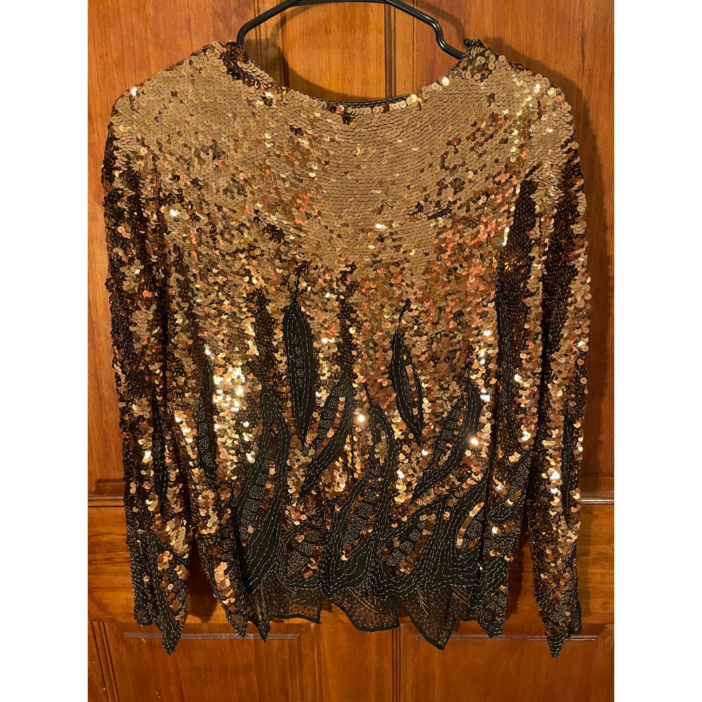 Vintage Oleg Cassini "Insane Flames"  Sequin Beaded Long Sleeve Blouse sz. M
